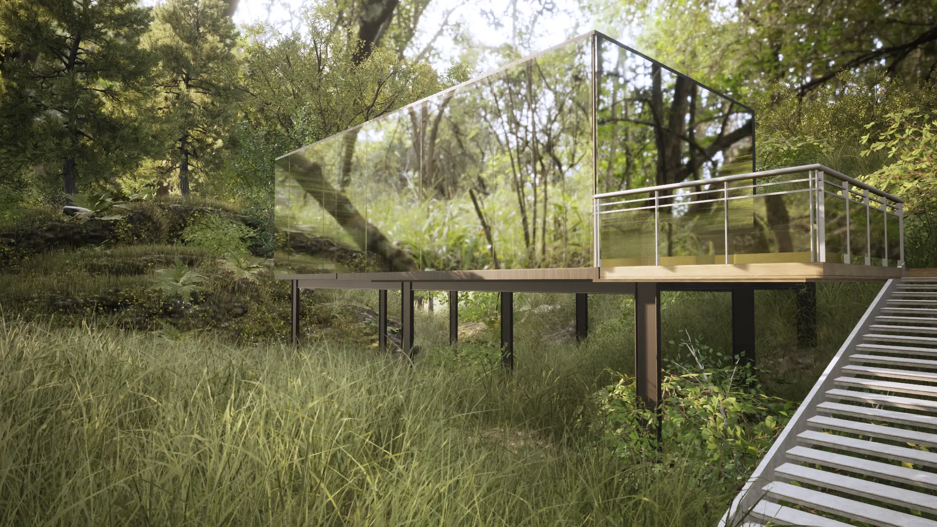 A reflective glass mirror house raised on stilts in a lush green forest