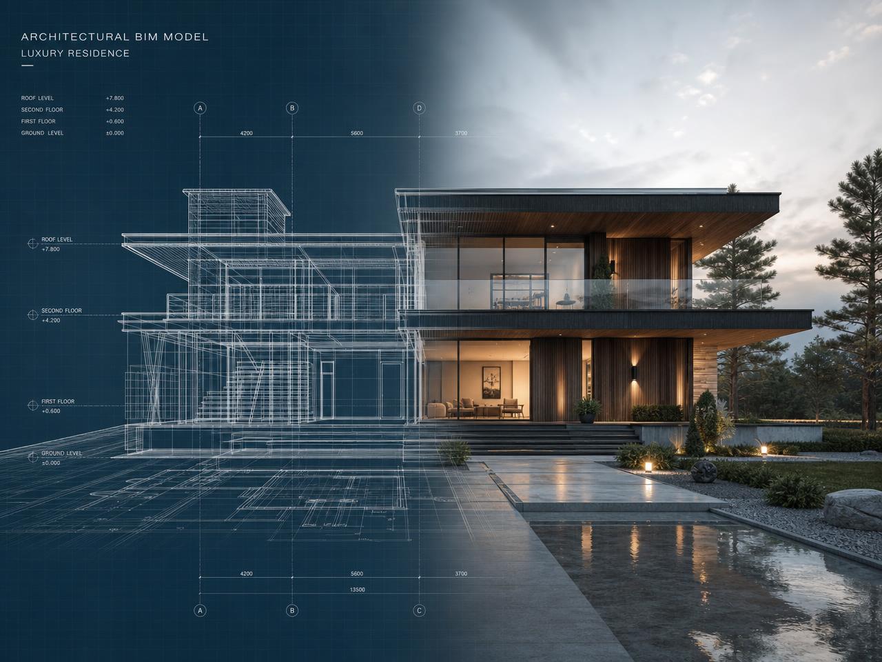 BIM wireframe and shaded model of a modern two-storey house