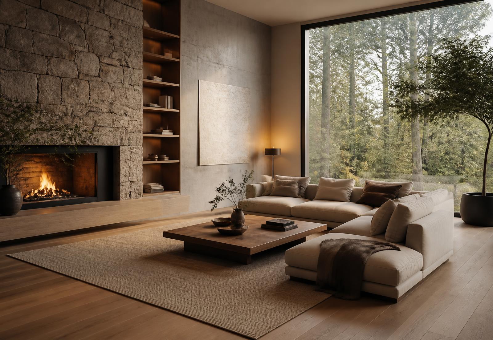 Minimalist living room with stone fireplace, oak floor and forest view