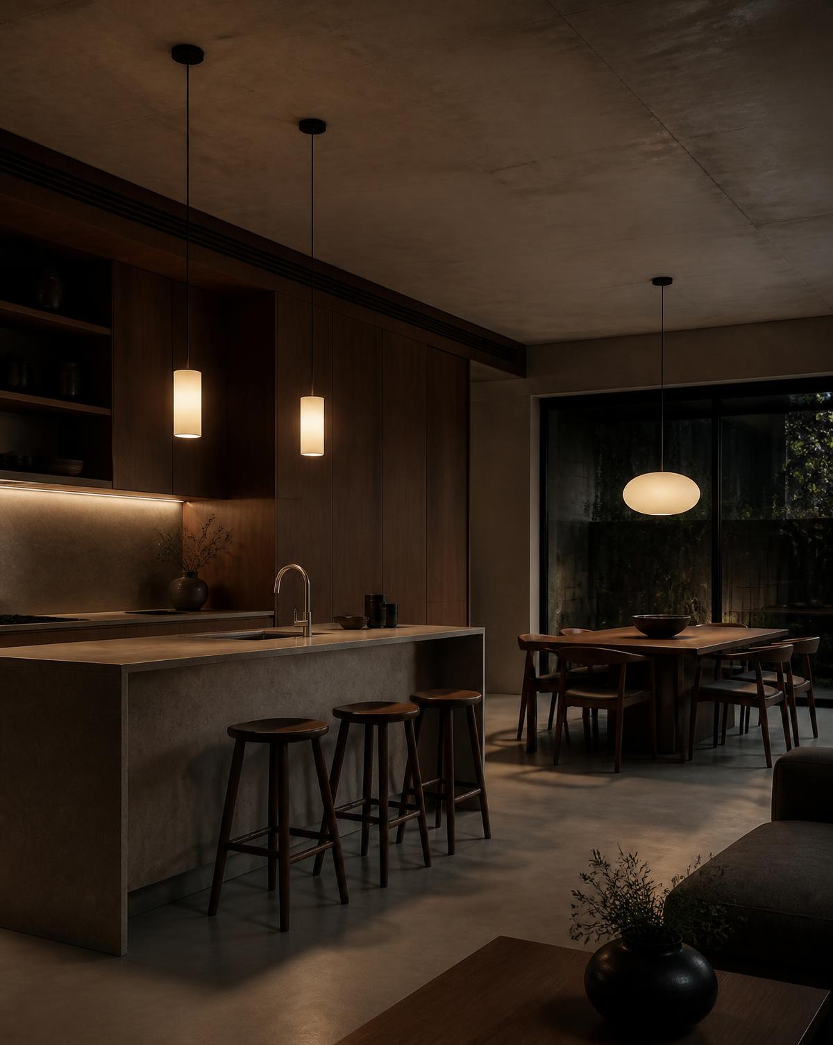 Dark walnut kitchen and dining space with warm pendant lighting