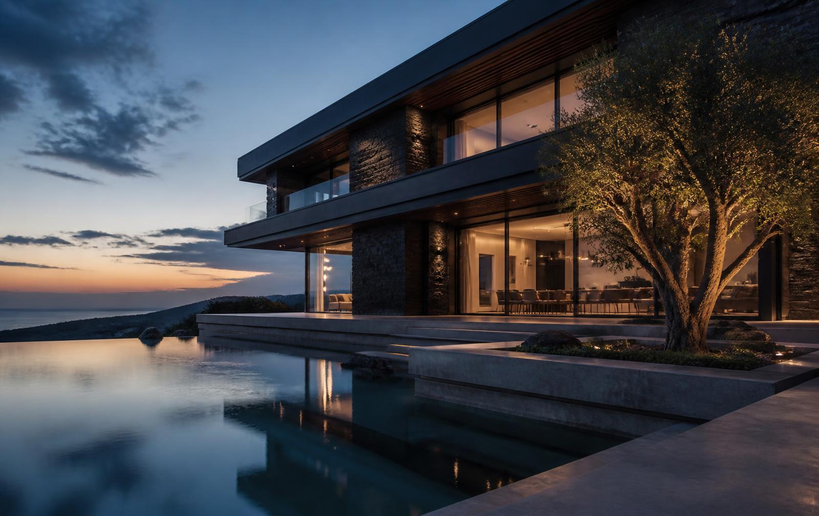 Aerial view of a stone villa with infinity pool and olive terraces at golden hour