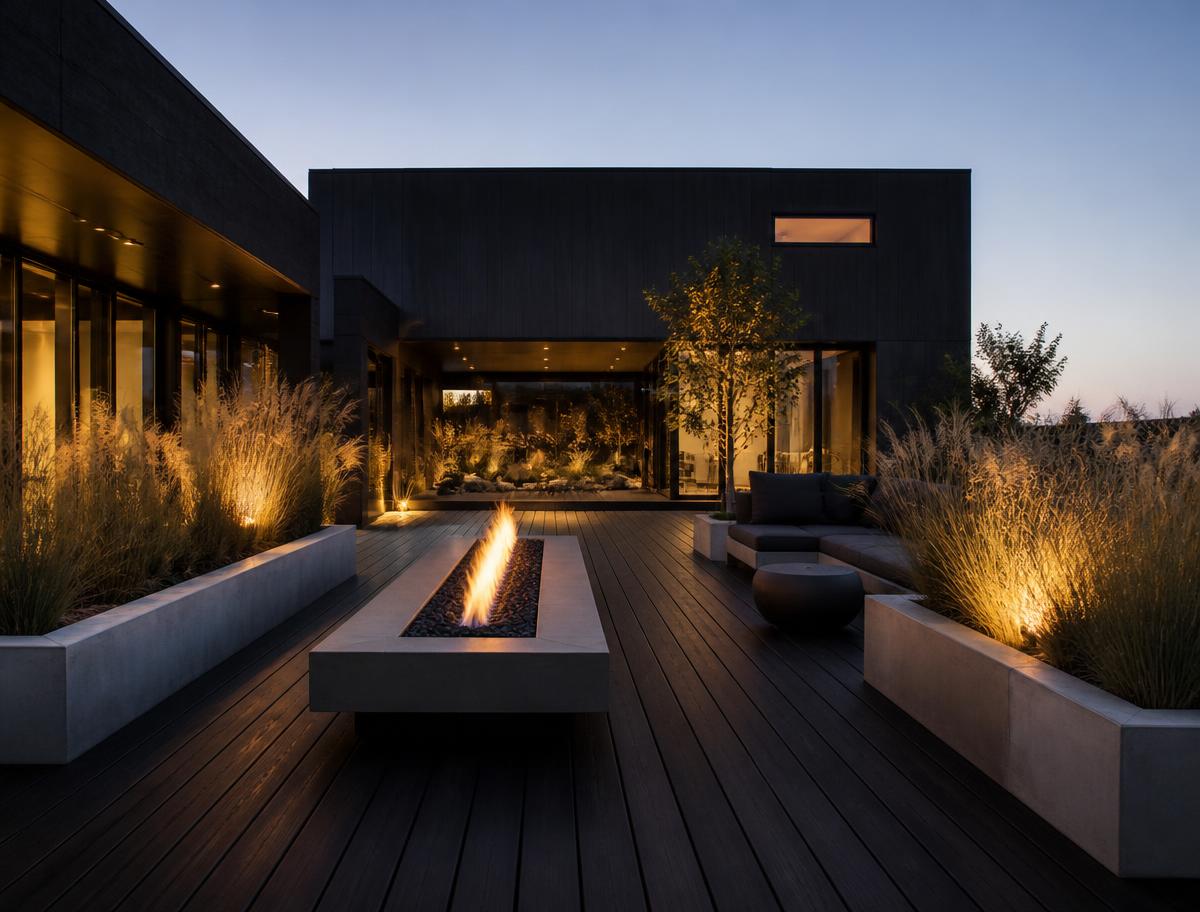 Timber deck courtyard with fire pit and ornamental grasses at night