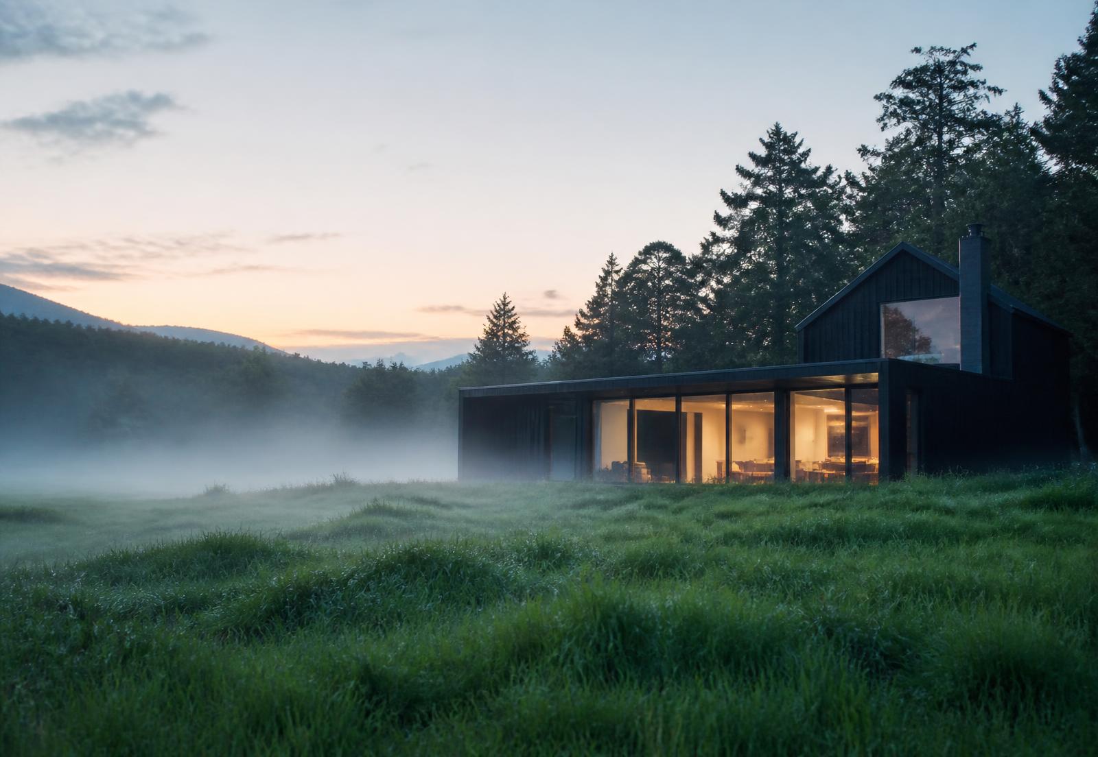 Black timber countryside house in a misty morning field