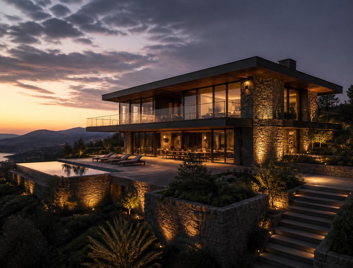 Stone and glass hillside house lit warmly at sunset above a valley