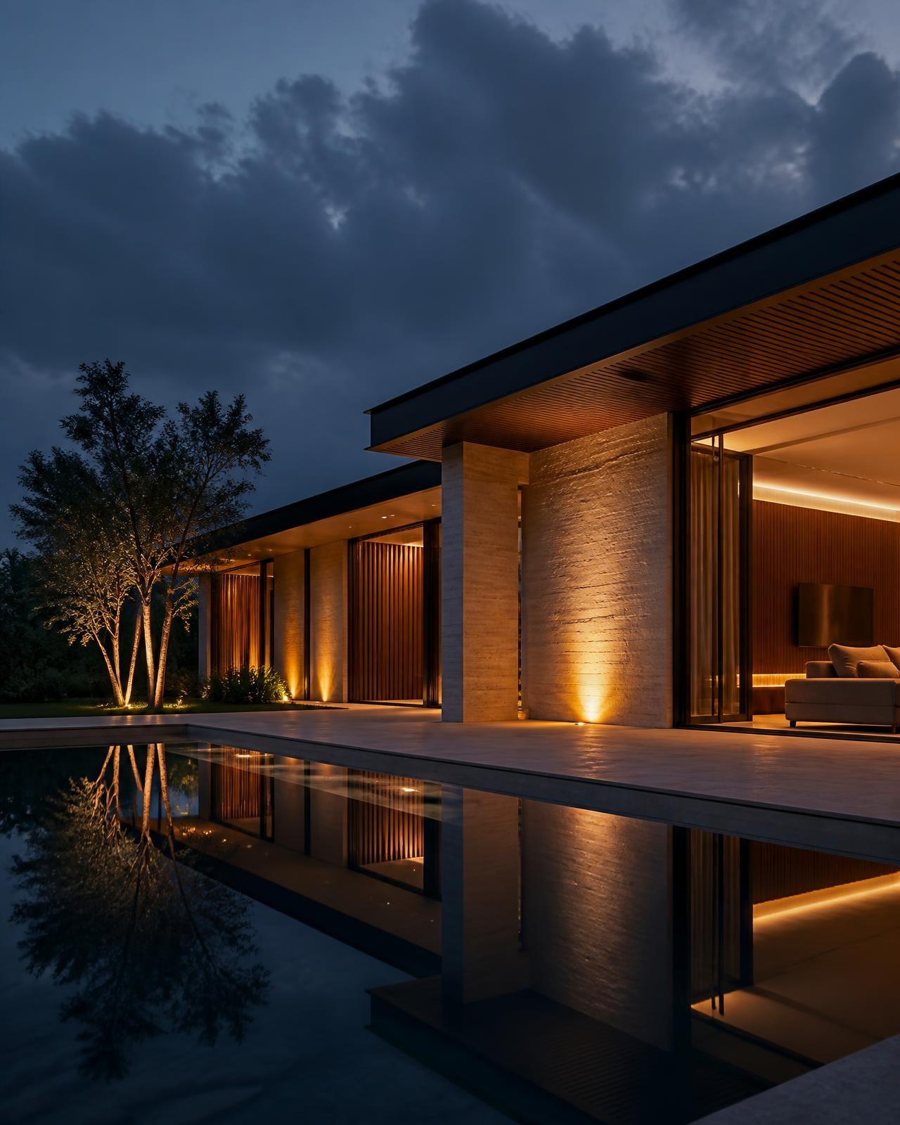 Modern villa with wood and travertine facade reflected in a still pool at dusk