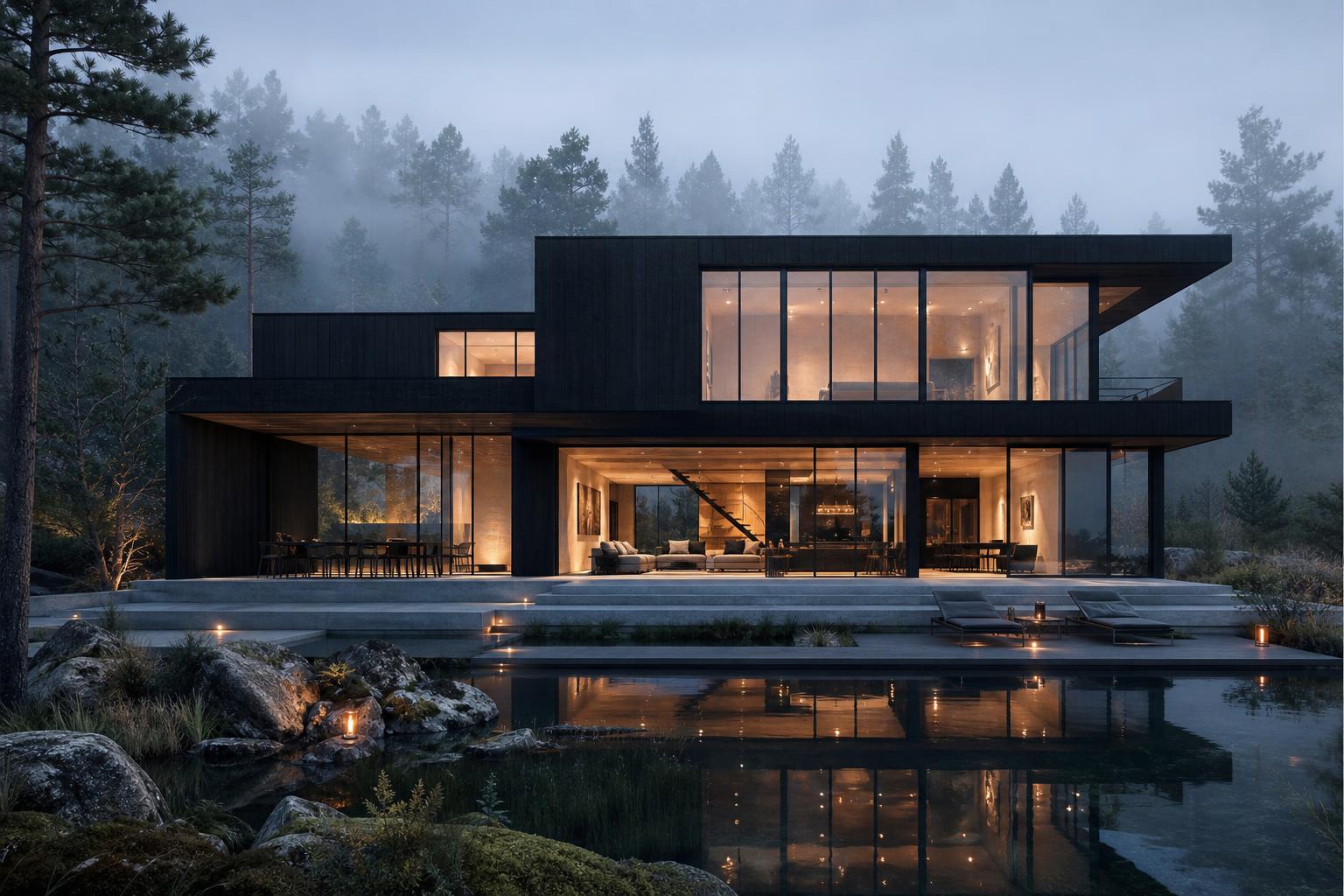 Photorealistic render of a glass and wood house on a foggy rocky slope