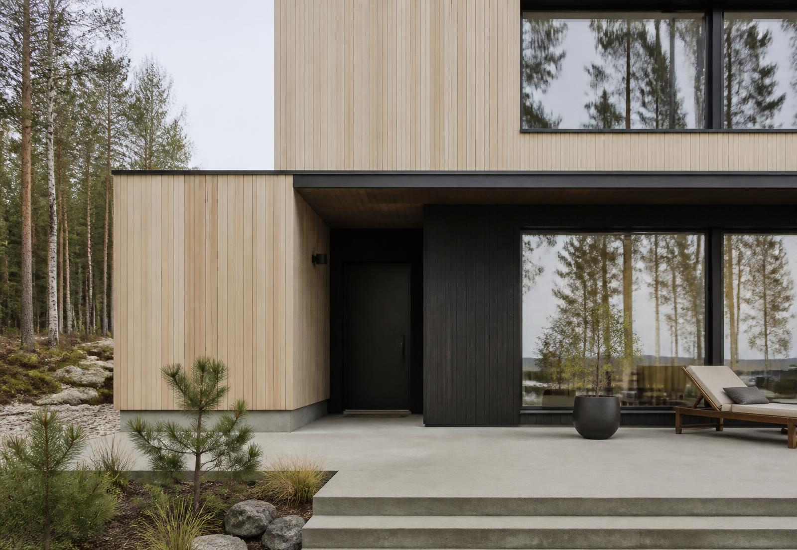 Minimalist Scandinavian house with pale oak and dark timber facade in Nordic daylight